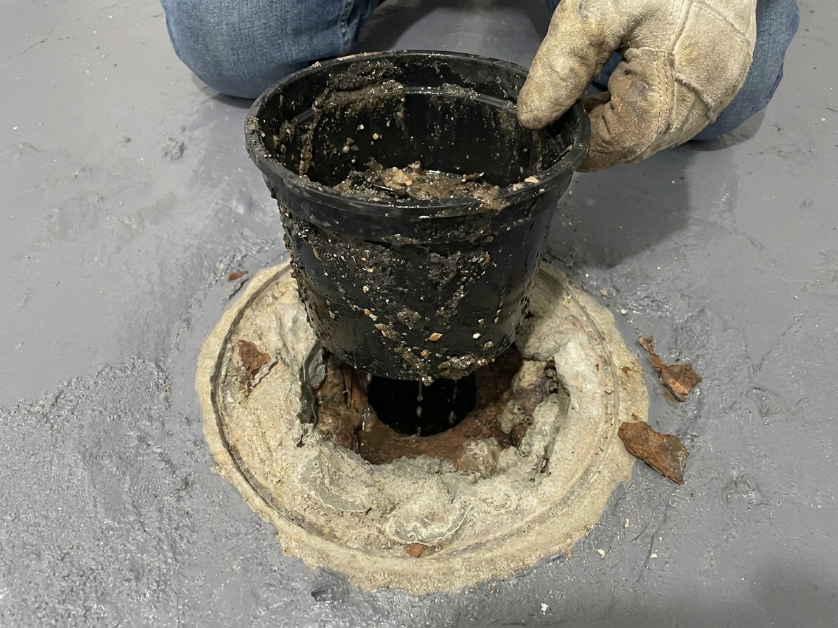 A gloved hand lifting a plastic sediment bucket insert out of a basement floor drain opening, with wet grit and debris visible inside