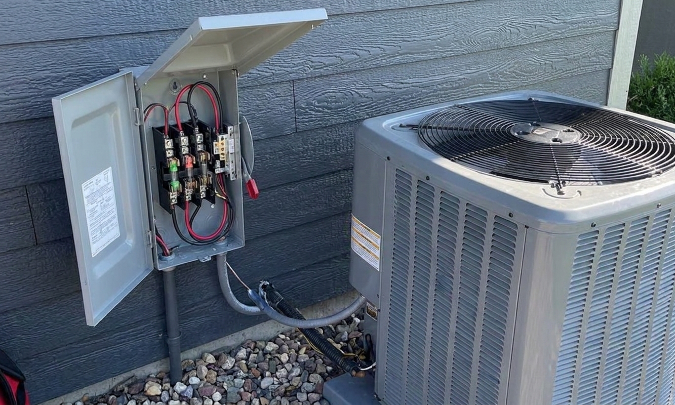 A gray AC disconnect box mounted on exterior siding next to a condenser unit with the cover open