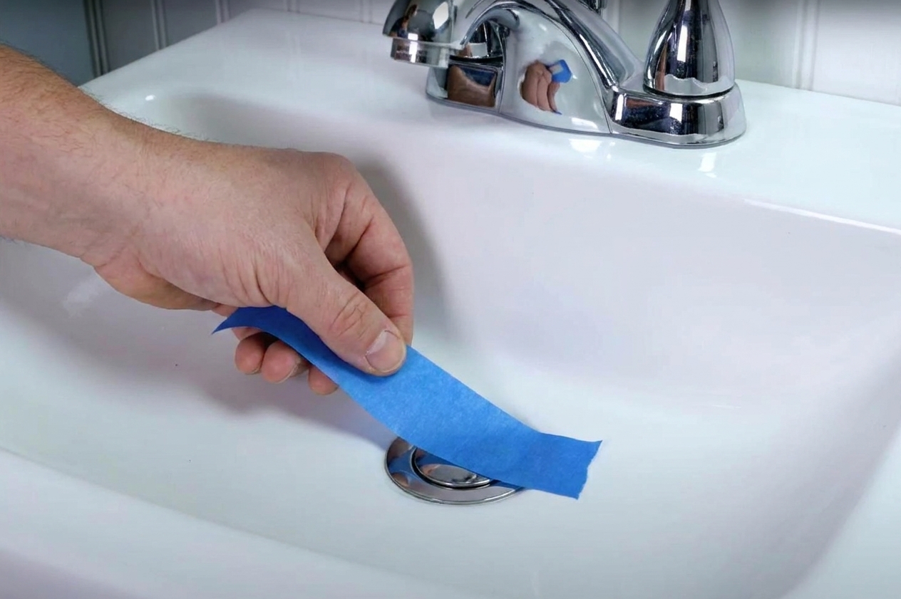 A hand applying blue painter’s tape over a bathroom sink drain opening to temporarily seal odors