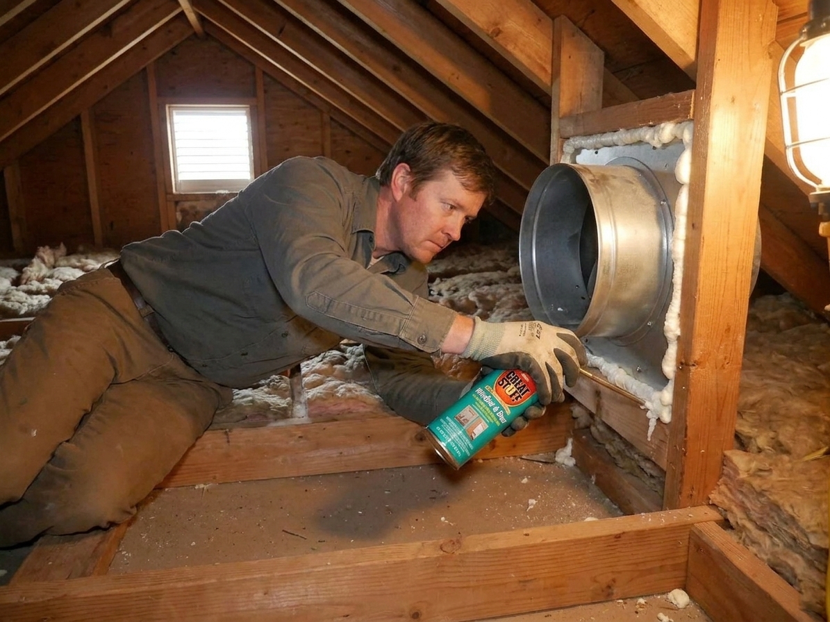 A hand applying low-expansion spray foam to seal a gap between a fan housing and attic framing