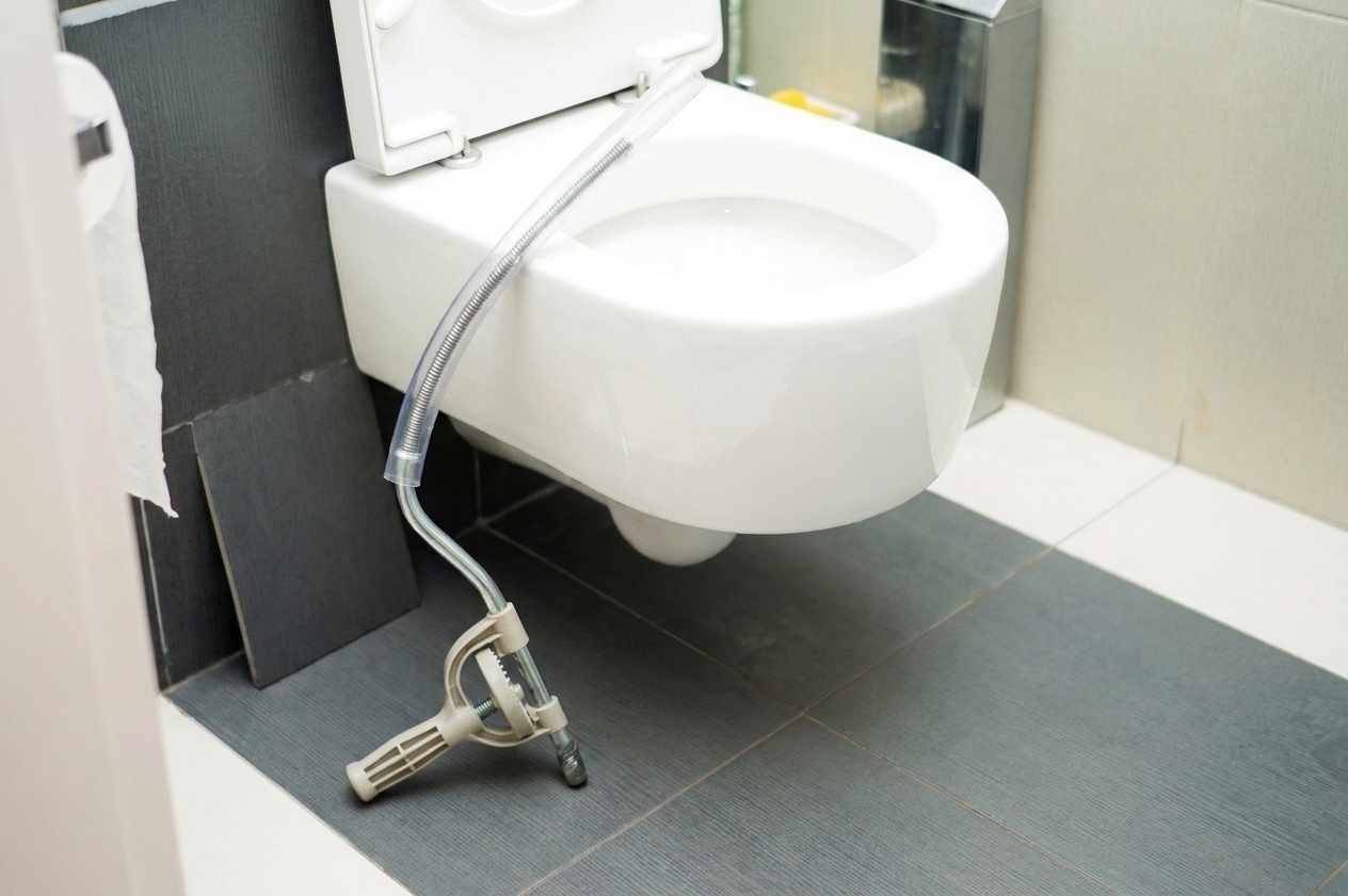 A hand-crank closet auger with a curved metal tube and protective sleeve resting beside a toilet