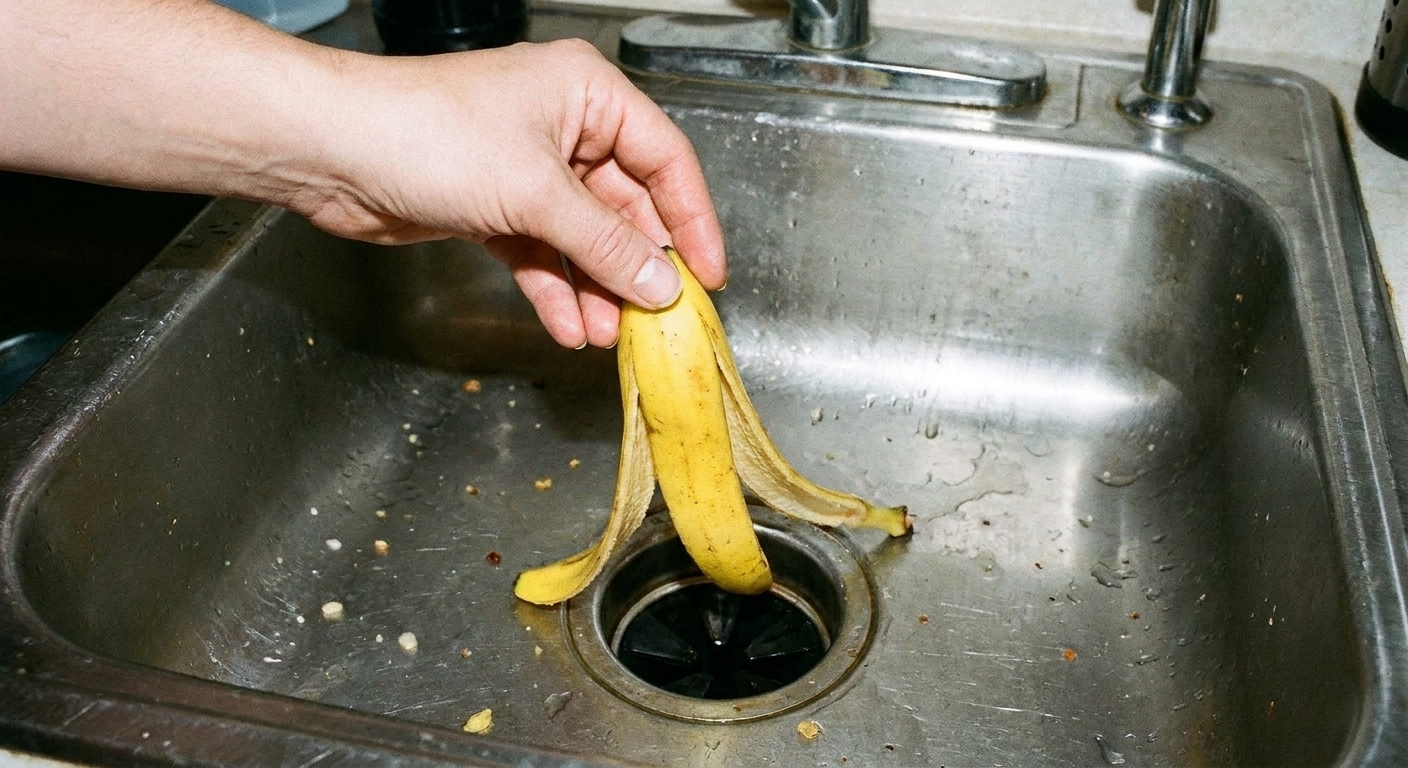 A hand holding a banana peel over a kitchen sink drain opening, about to be thrown away