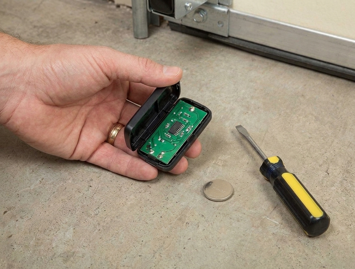 A hand holding an open garage door remote with a coin cell battery visible next to a small screwdriver