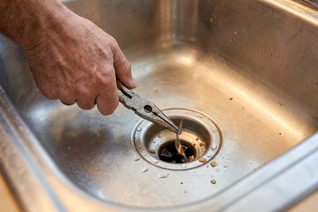 A hand holding needle nose pliers pulling a small metal object out of the opening of a garbage disposal in a kitchen sink