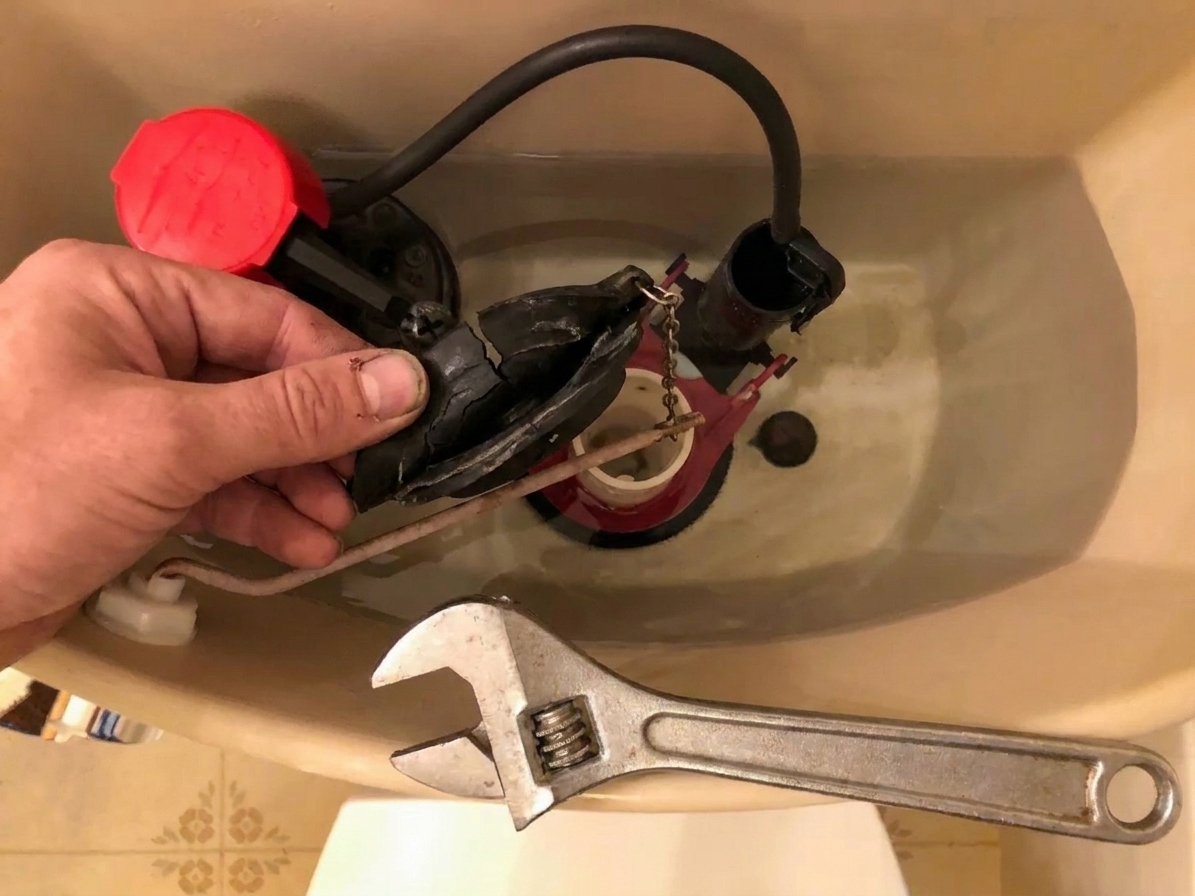 A hand lifting a worn black rubber toilet flapper off the overflow tube pegs inside a toilet tank