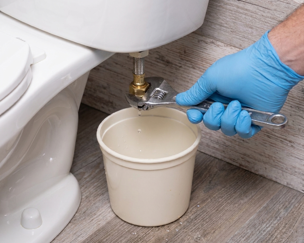 A hand loosening the toilet water supply line nut beneath the tank with a small bucket positioned underneath to catch drips