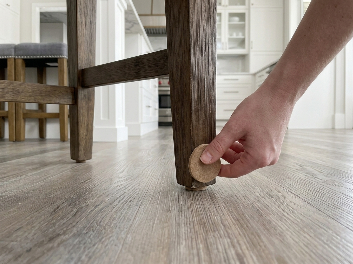 A hand pressing a round felt pad onto the bottom of a wooden chair leg