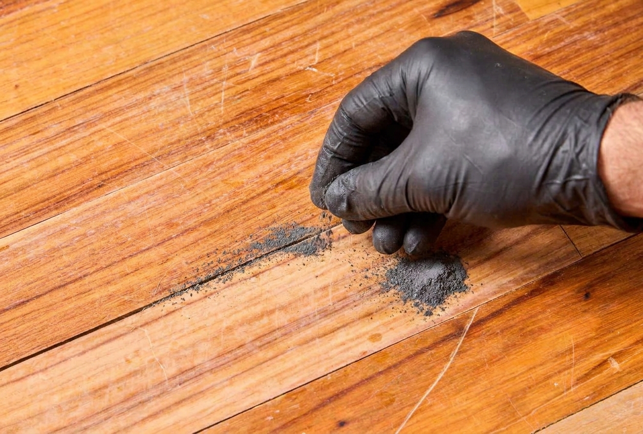 A hand sprinkling a small amount of powdered graphite along a narrow seam between hardwood floorboards