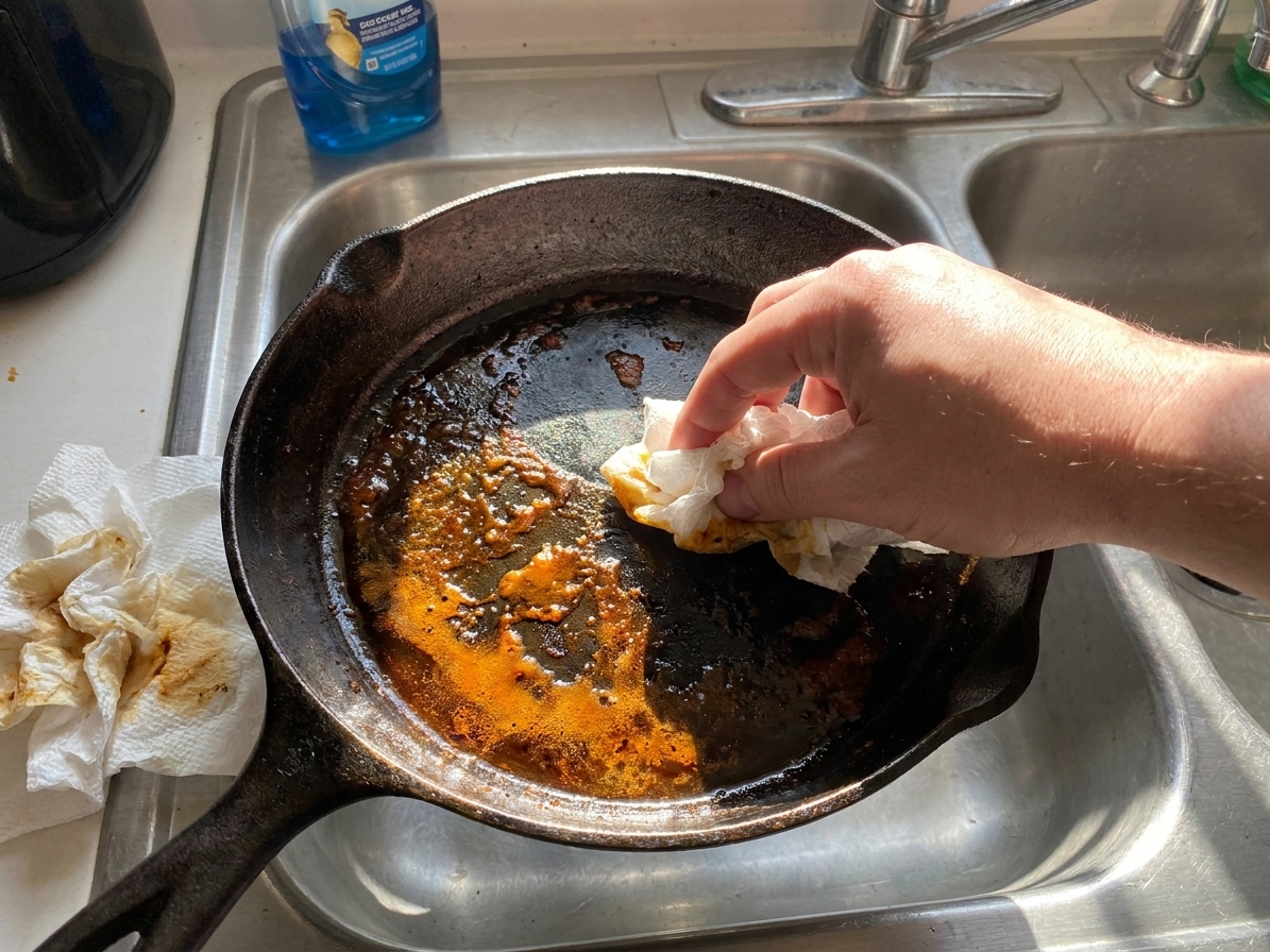 A hand uses paper towels to wipe cooled grease from a skillet before washing it in the sink