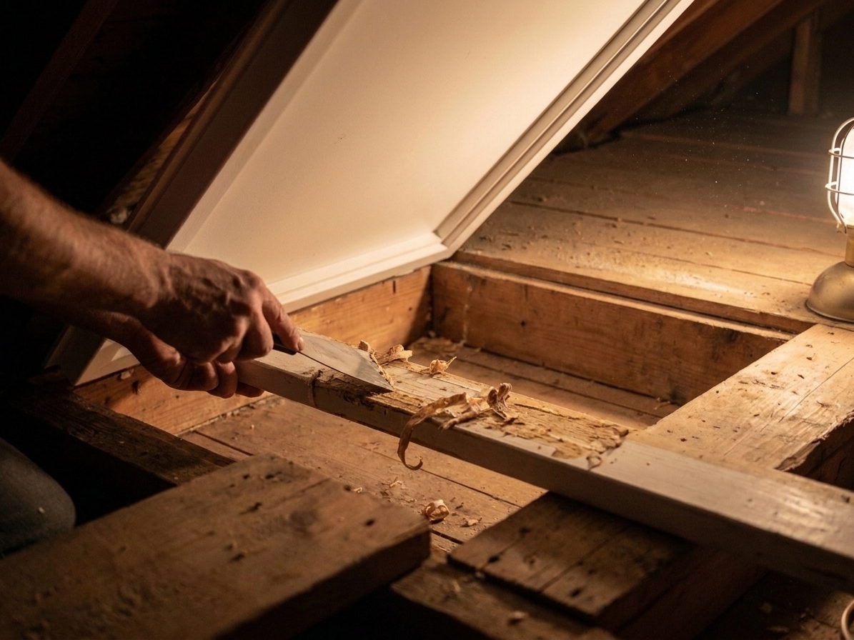 A hand using a putty knife to scrape old adhesive and debris from the flat wooden lip of an attic hatch frame