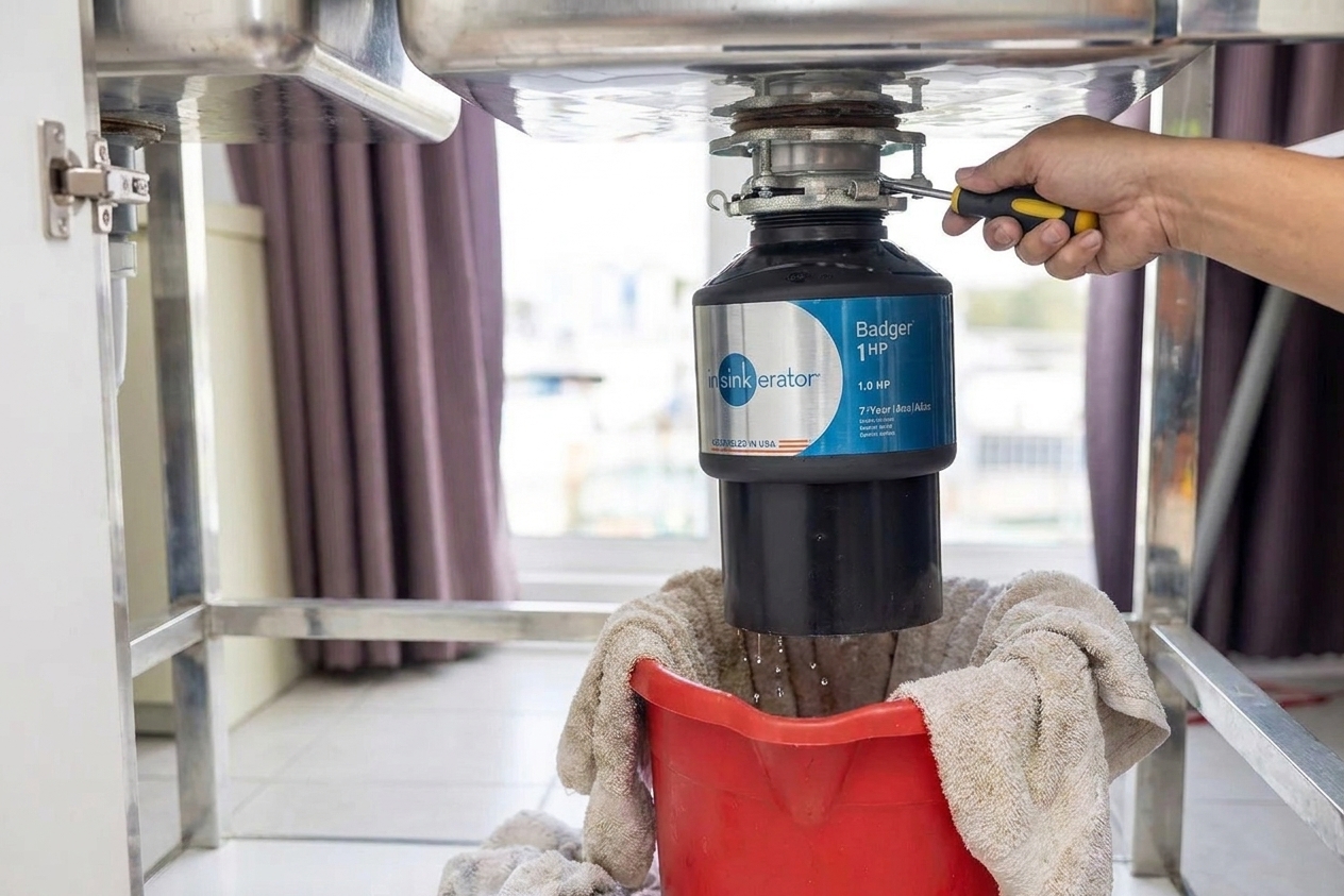 A hand using a screwdriver to rotate a garbage disposal mounting ring tab to unlock the unit under a sink