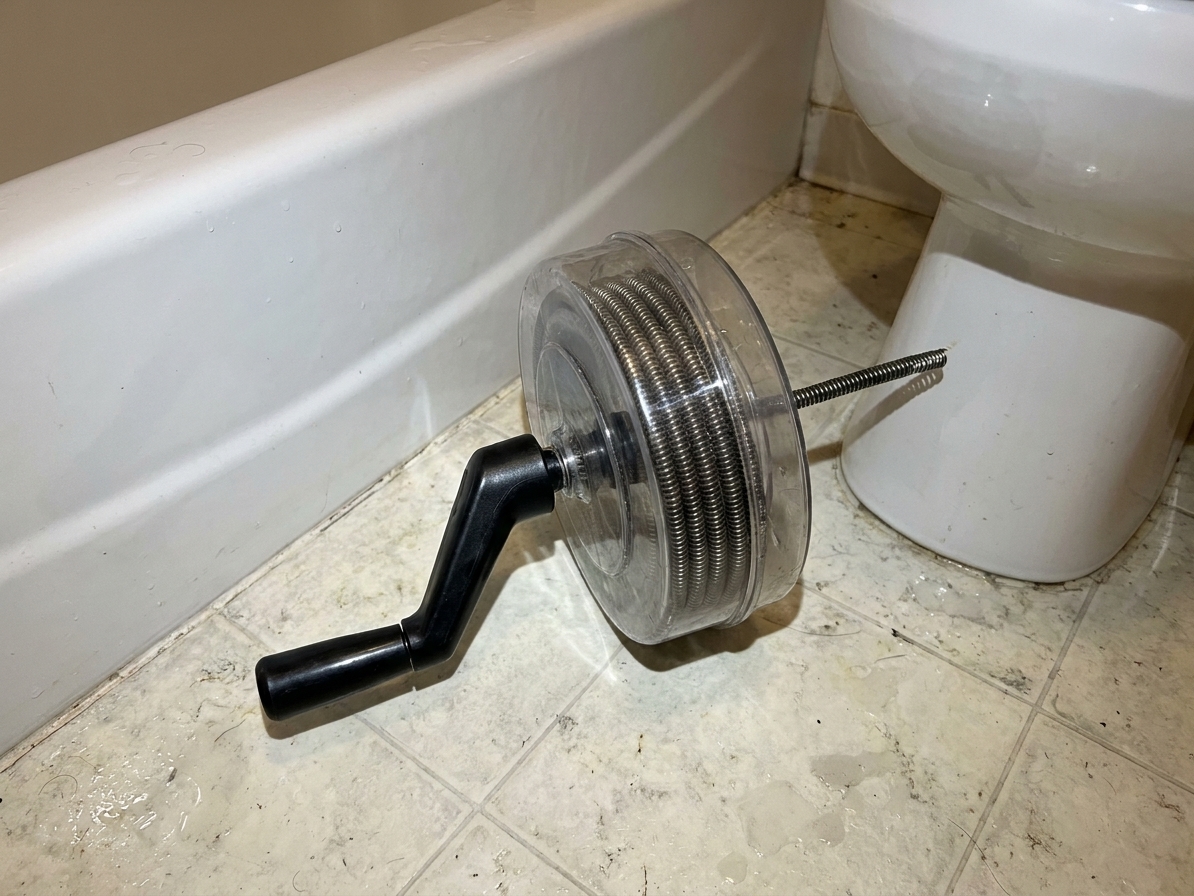 A handheld drain snake with a coiled cable and crank handle sitting on a bathroom floor next to a bathtub