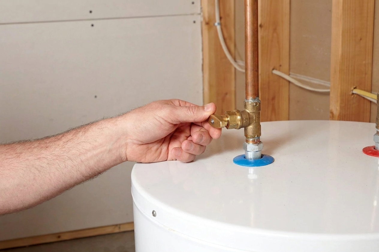 A homeowner hand turning the cold water shutoff valve located on the pipe above a residential water heater