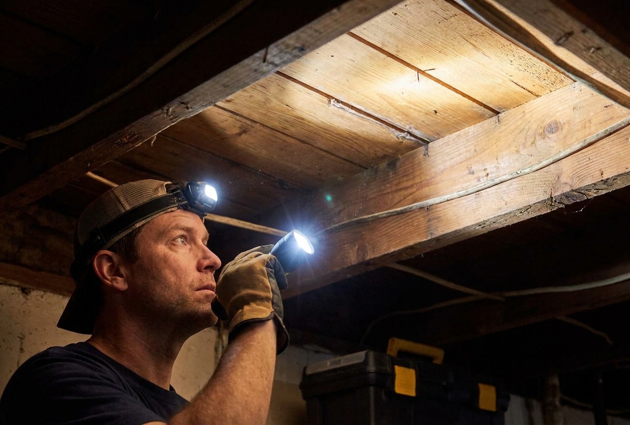 A homeowner in a basement shining a flashlight upward at exposed floor joists and subfloor seams to locate movement causing a squeak