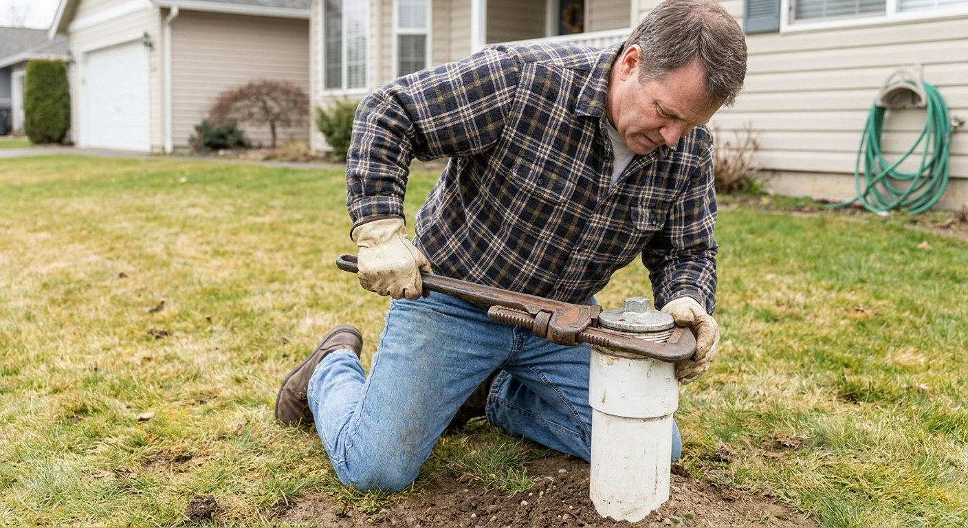 A homeowner kneeling beside an outdoor sewer cleanout riser using a large adjustable wrench to loosen the cleanout cap on a residential lawn