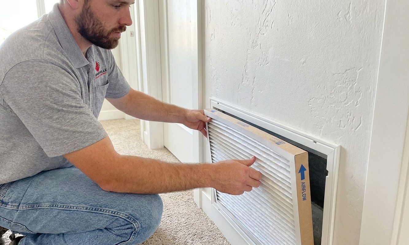A homeowner sliding a new pleated air filter into a return grille slot with the airflow arrow visible
