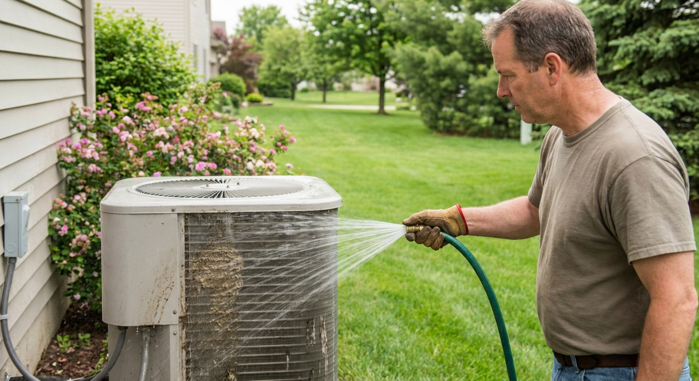 A homeowner spraying a gentle stream of water from a garden hose onto an outdoor air conditioner condenser unit to rinse spring dirt off the fins
