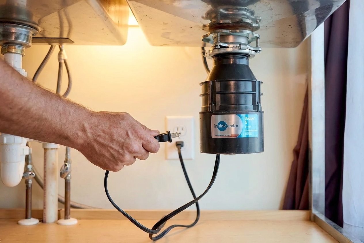 A homeowner’s hand unplugging a garbage disposal power cord from an outlet under a kitchen sink