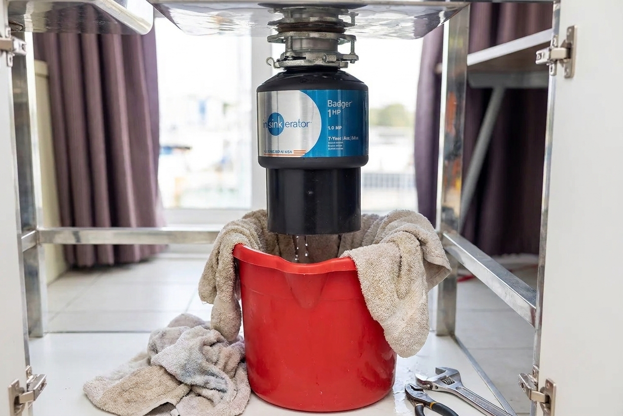A kitchen sink base cabinet with a bucket and towels placed underneath a garbage disposal to catch water during removal