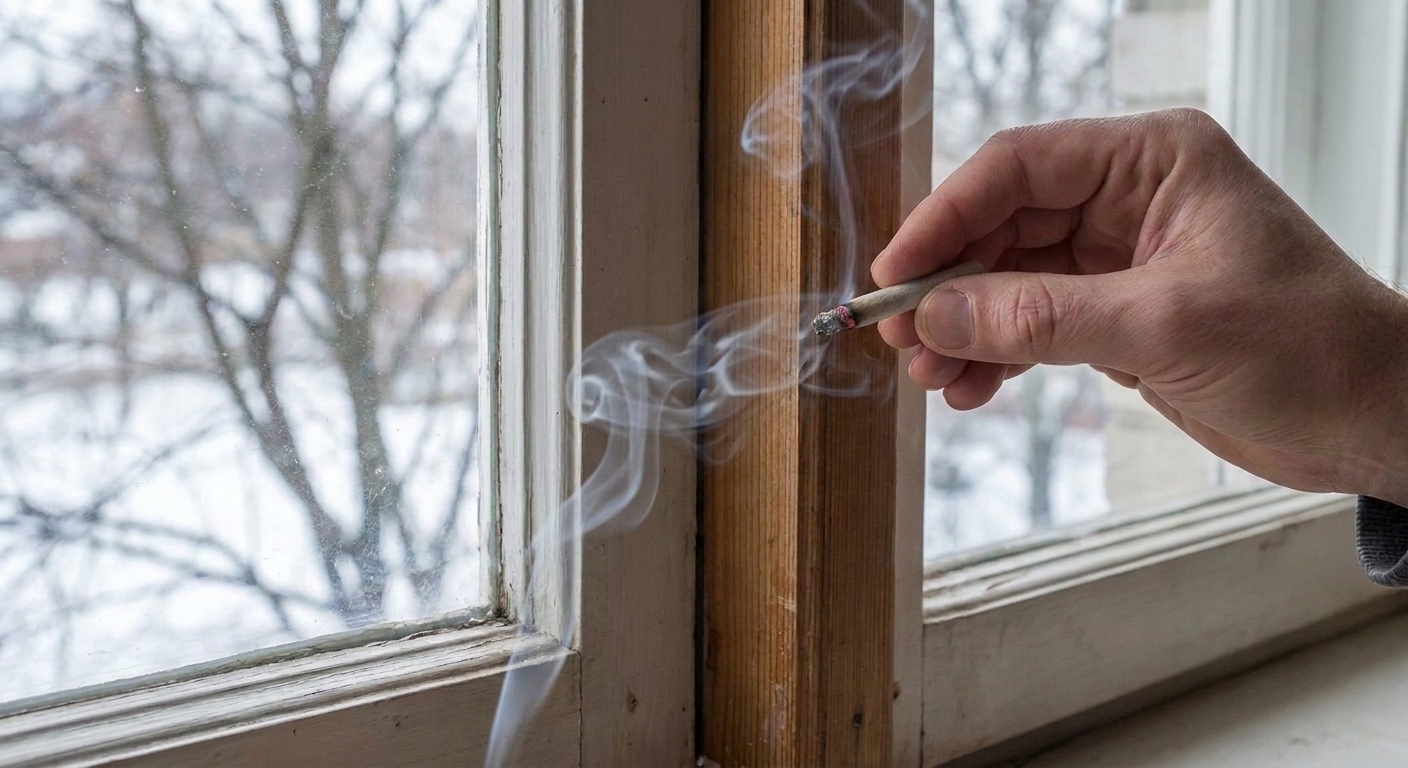 A lit incense stick held near a window jamb with smoke drifting sideways to show moving air