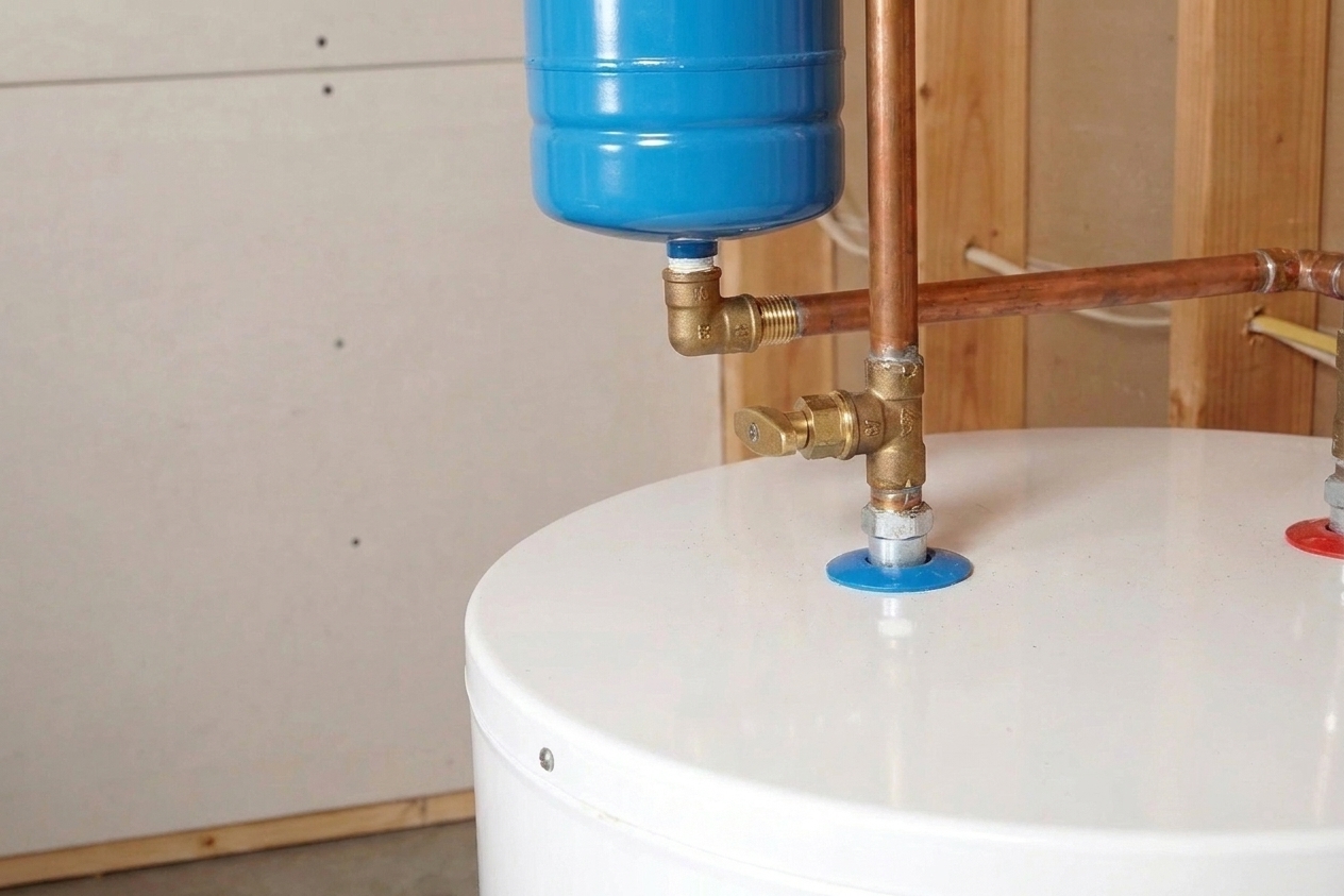 A metal thermal expansion tank installed above a water heater on a threaded connection, with copper pipes and a shutoff valve visible
