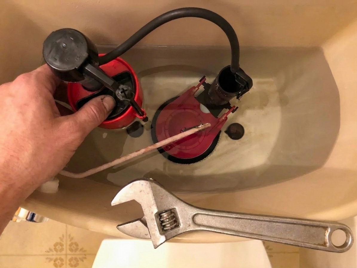 A modern toilet fill valve with a float cup being adjusted downward on the fill valve shaft