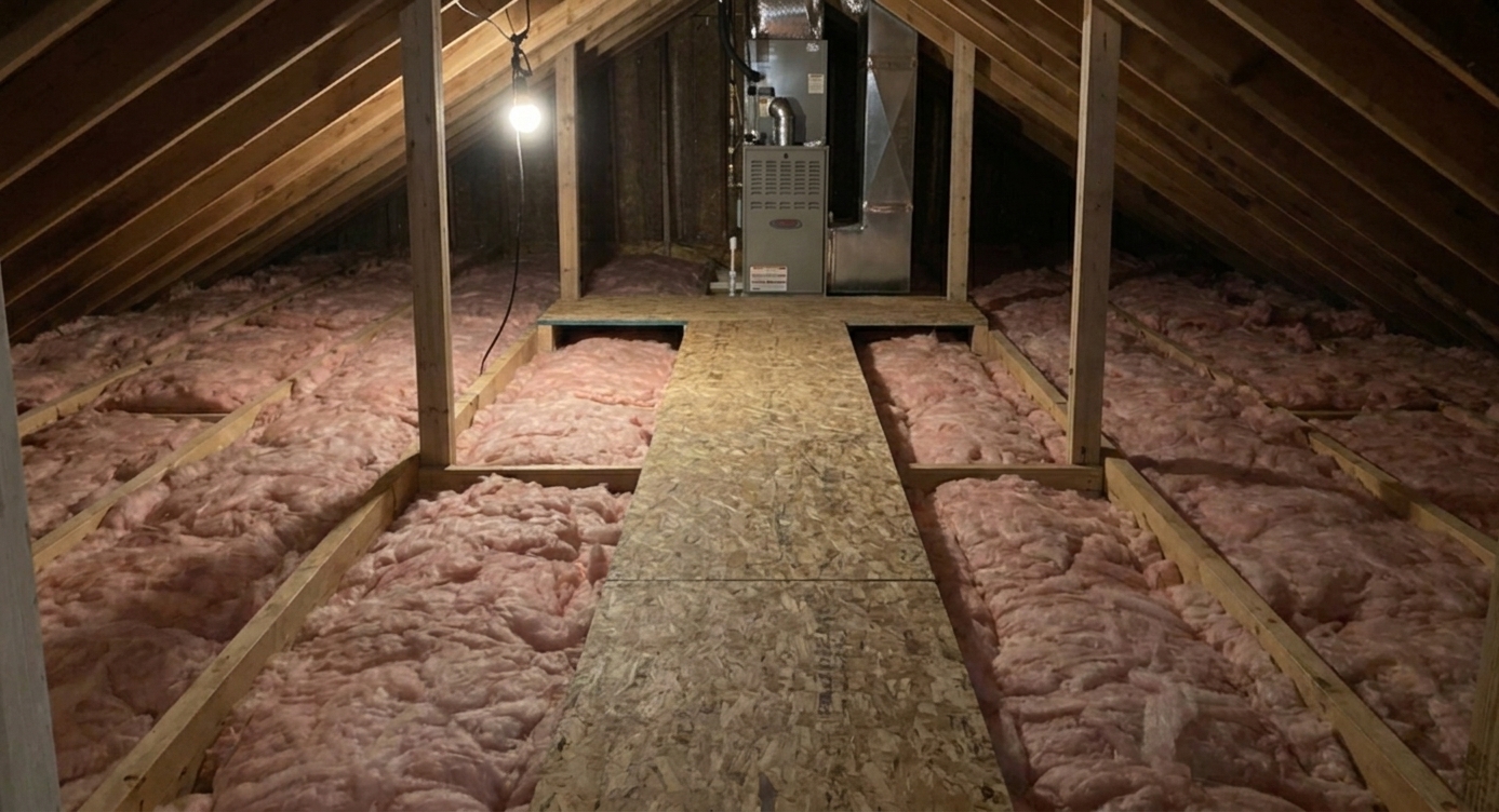 A narrow plywood catwalk running through an attic above insulation, providing a safe walkway to mechanical equipment