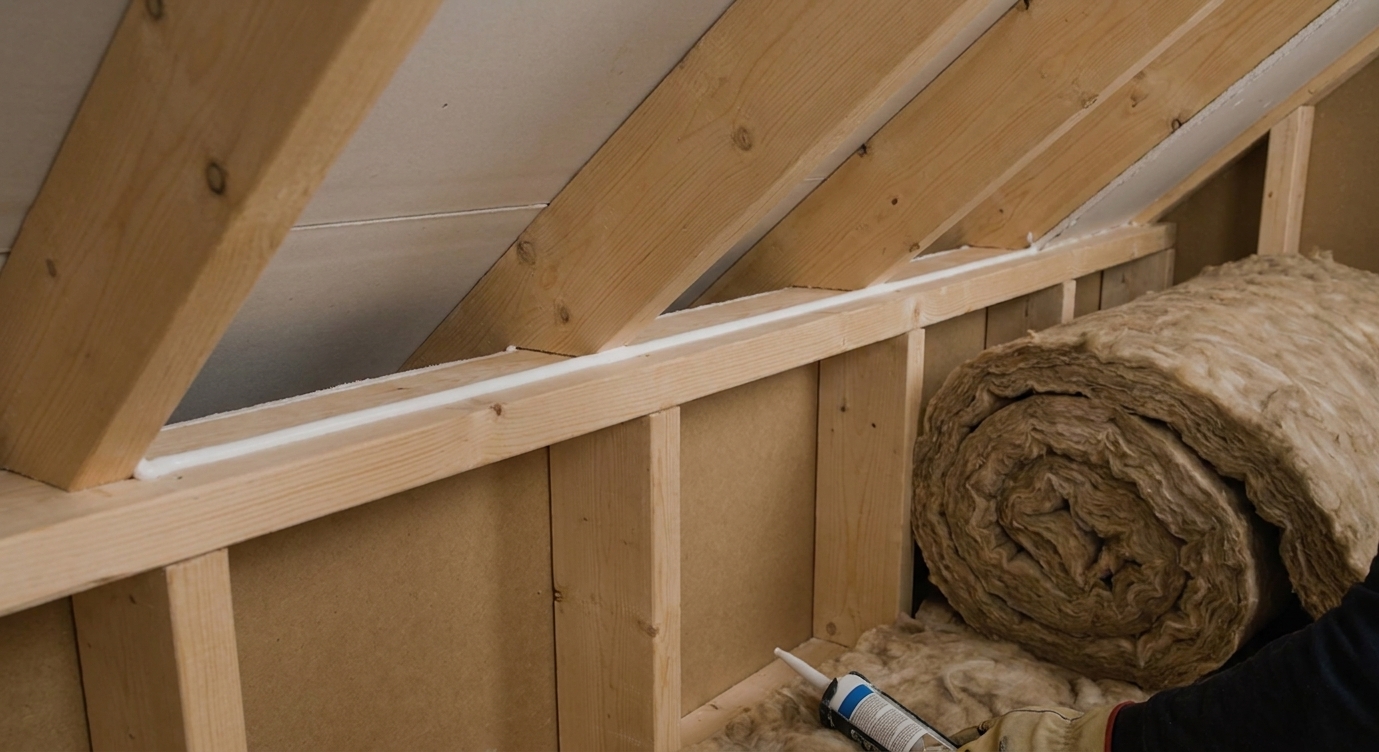 A neat bead of caulk sealing the drywall-to-top-plate gap along an attic perimeter wall, with insulation pulled back