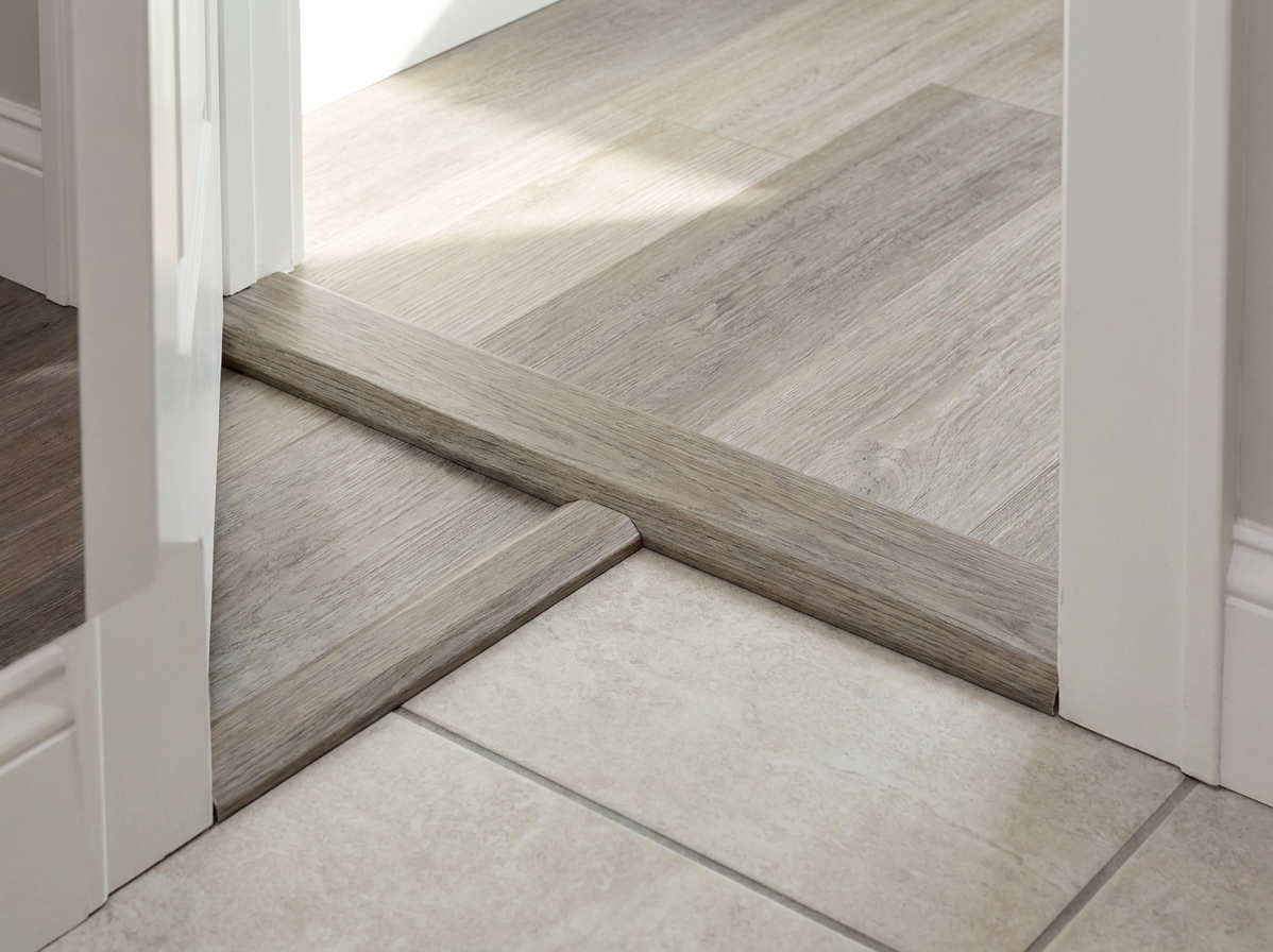 A neat flooring transition strip installed in a doorway between two different floor types