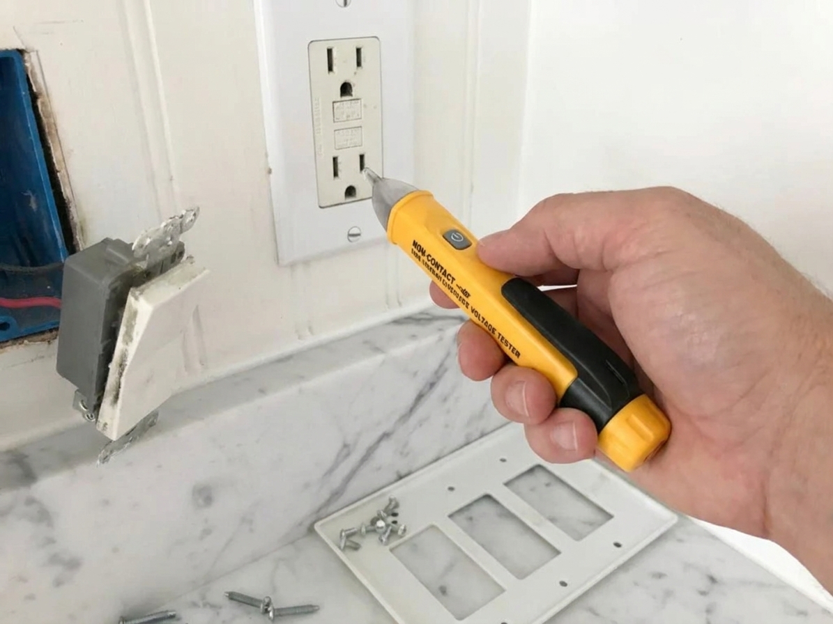 A non-contact voltage tester being held near an electrical outlet to confirm the power is off before removing the cover plate