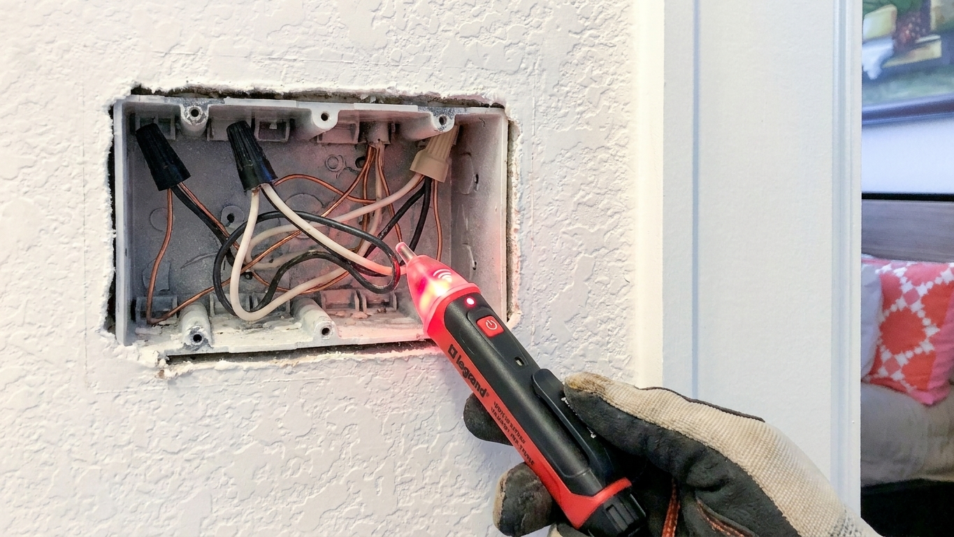 A non-contact voltage tester being used near wires inside an open wall switch box during a home electrical project