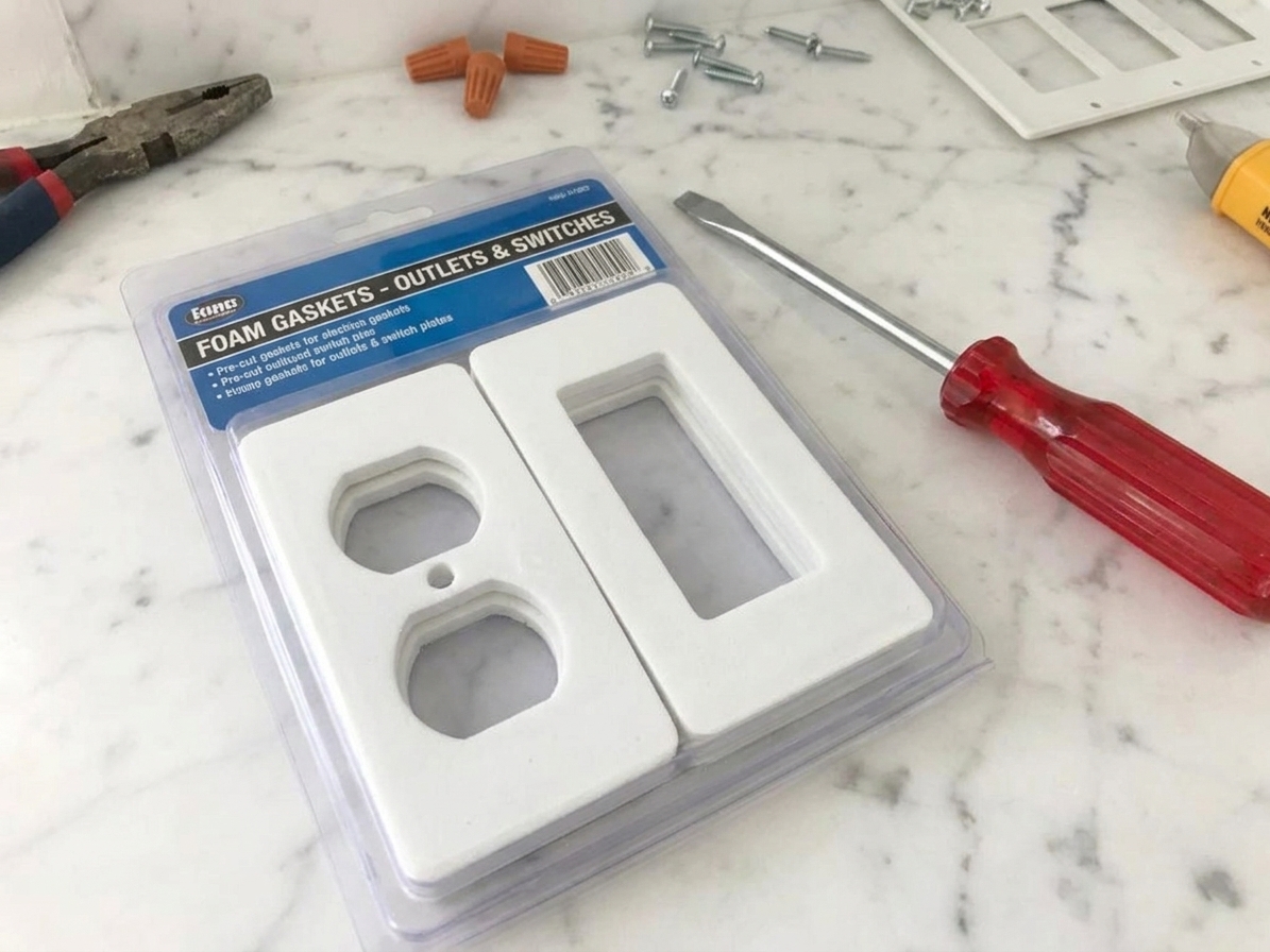 A package of pre-cut foam gaskets for electrical outlets and switch plates sitting on a workbench next to a screwdriver