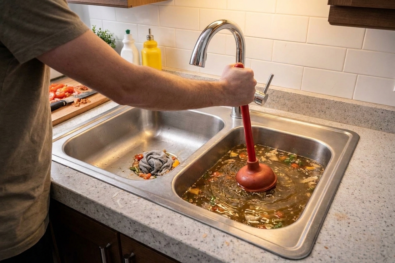 A person holding a cup plunger over one drain of a double-basin kitchen sink while the other drain is blocked with a wet rag
