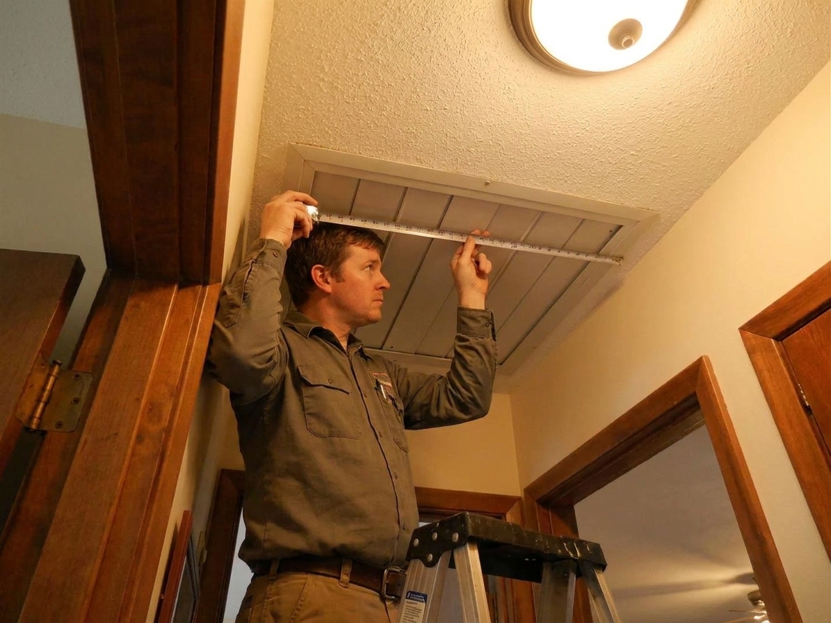 A person holding a tape measure up to a ceiling-mounted whole-house fan grille to check width