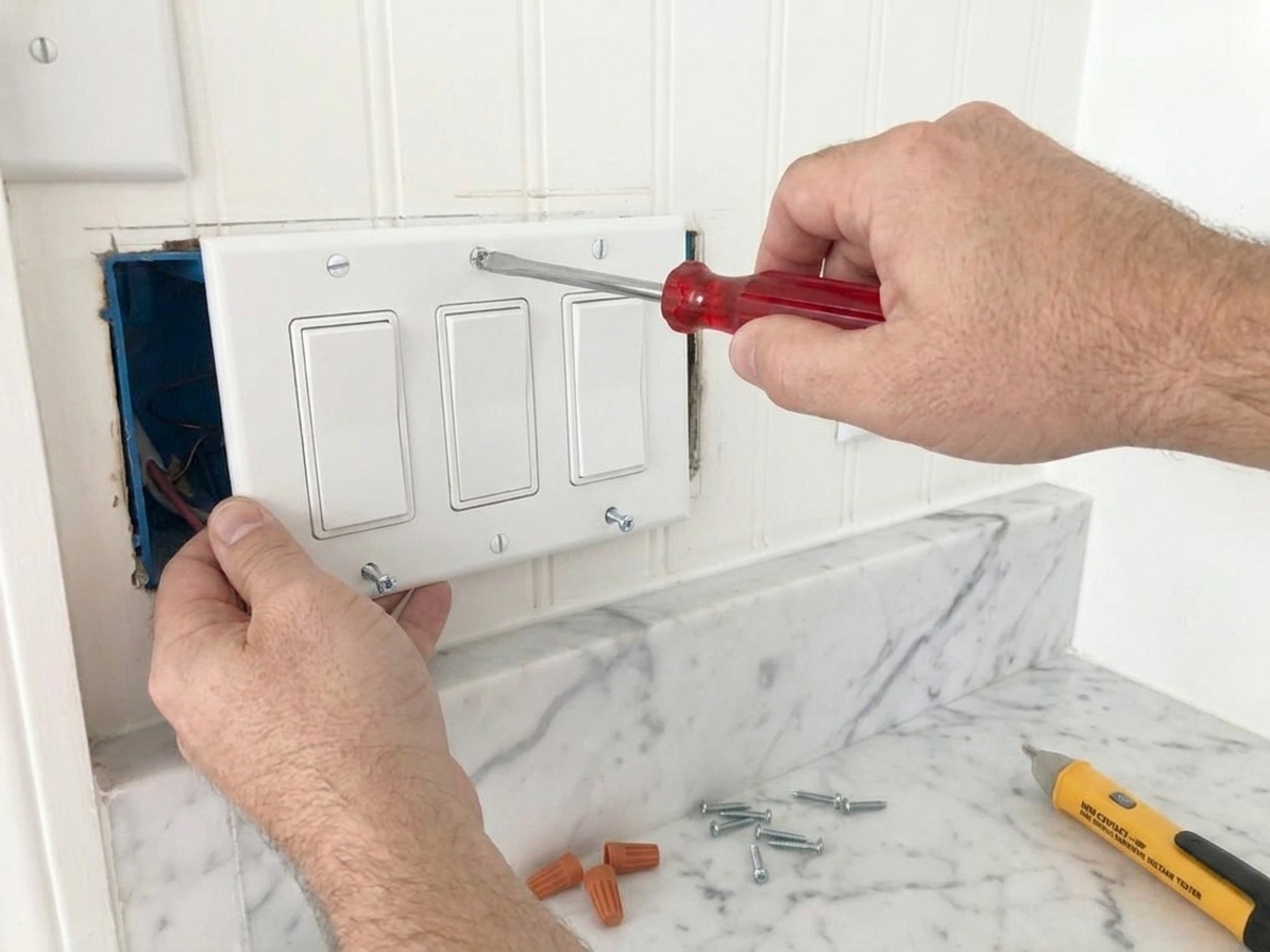 A person holding a white switch plate against a wall while tightening the center screw with a manual screwdriver