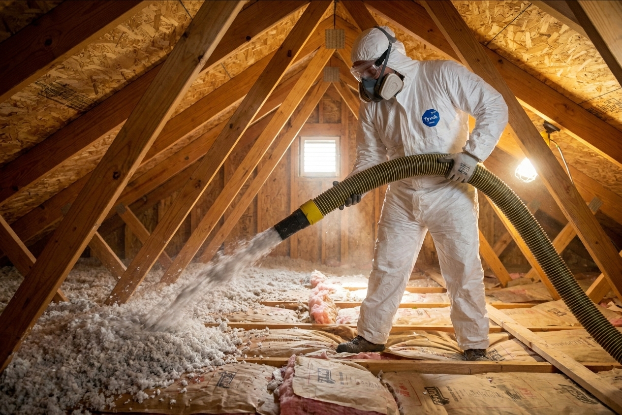 A person in protective gear holding a loose-fill insulation blower hose while standing on attic joists, with a layer of existing insulation already on the attic floor