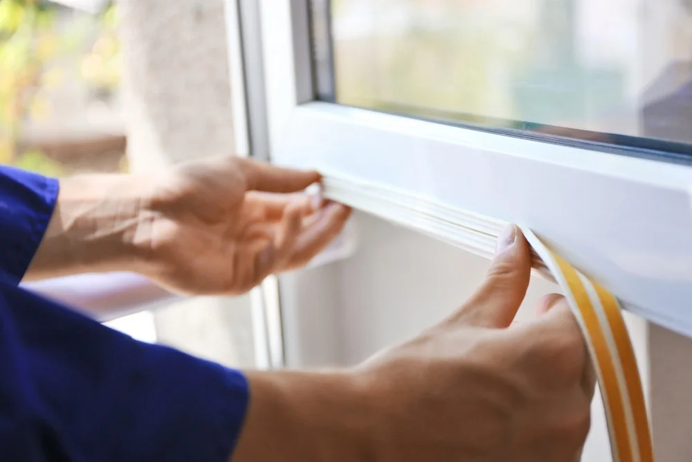 A person pressing V-strip weatherstripping into place along the side channel of a double-hung window