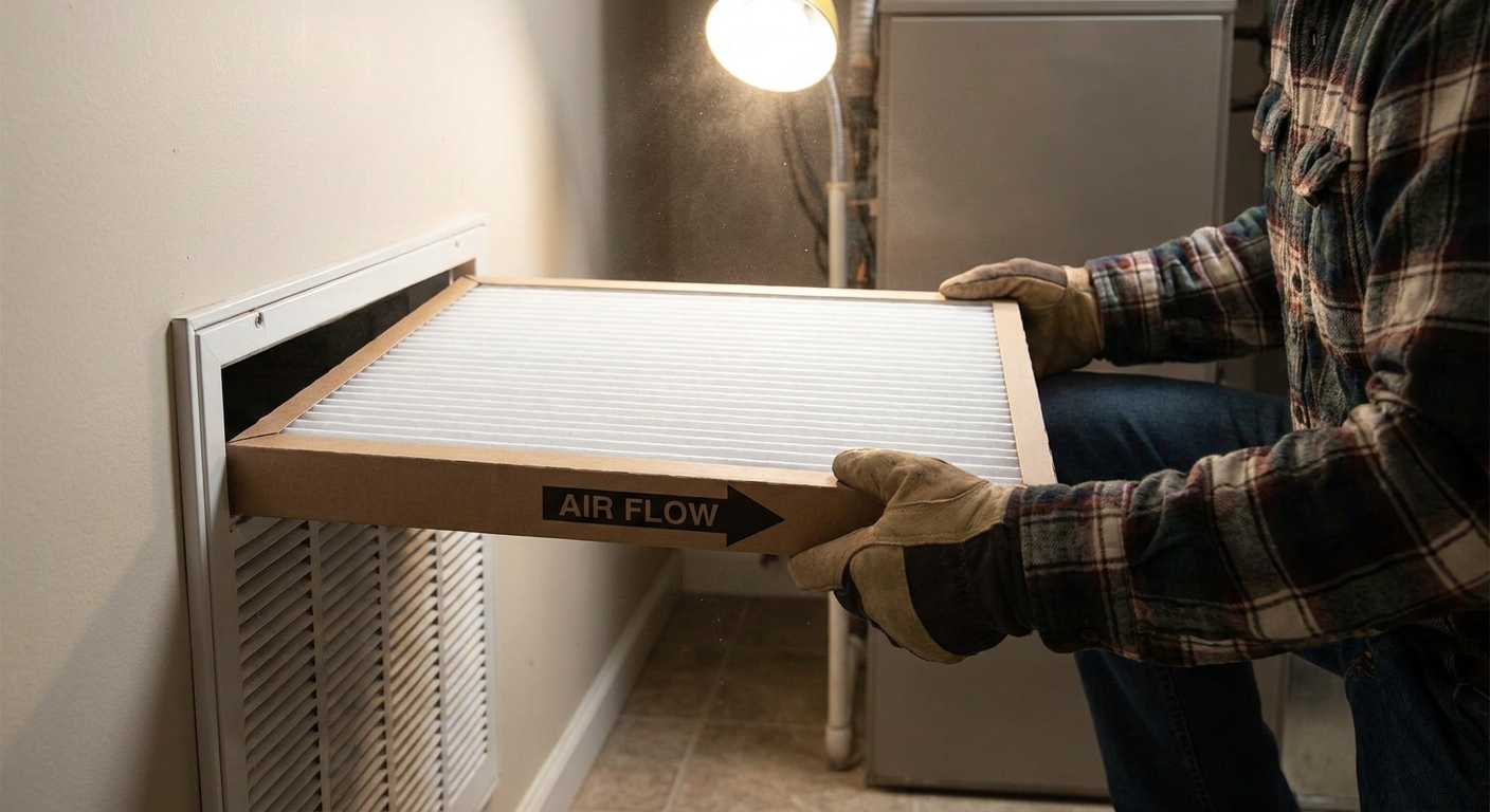 A person sliding a clean pleated furnace filter into a return slot, with the airflow direction arrow visible on the cardboard frame