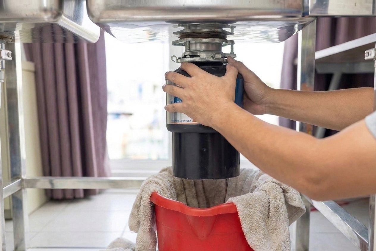 A person supporting a new garbage disposal under a sink while twisting it onto the metal mounting ring