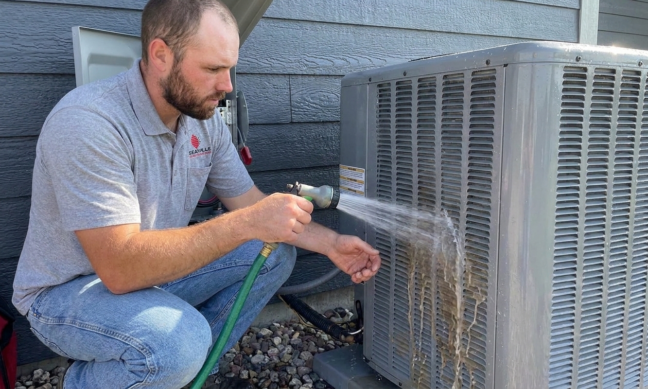 A person using a garden hose to rinse dirt and debris from the fins of an outdoor air conditioner condenser