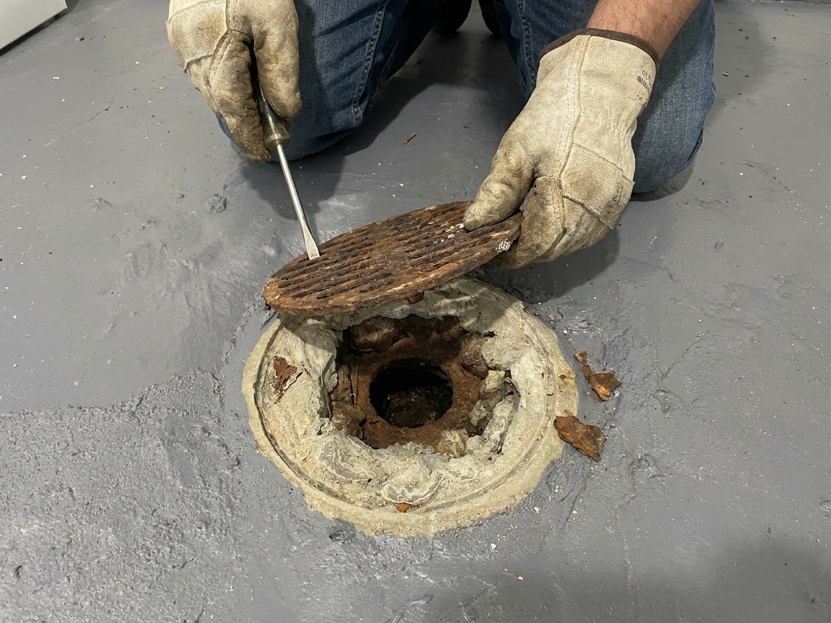 A person wearing gloves removing a round metal floor drain grate from a basement concrete floor using a screwdriver