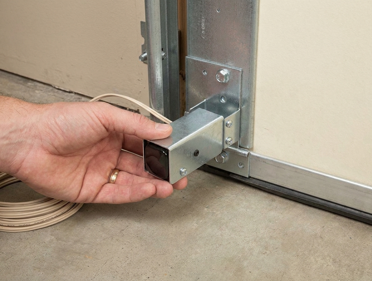 A person’s hand gently adjusting a garage door photo-eye safety sensor on its bracket near the bottom of the track