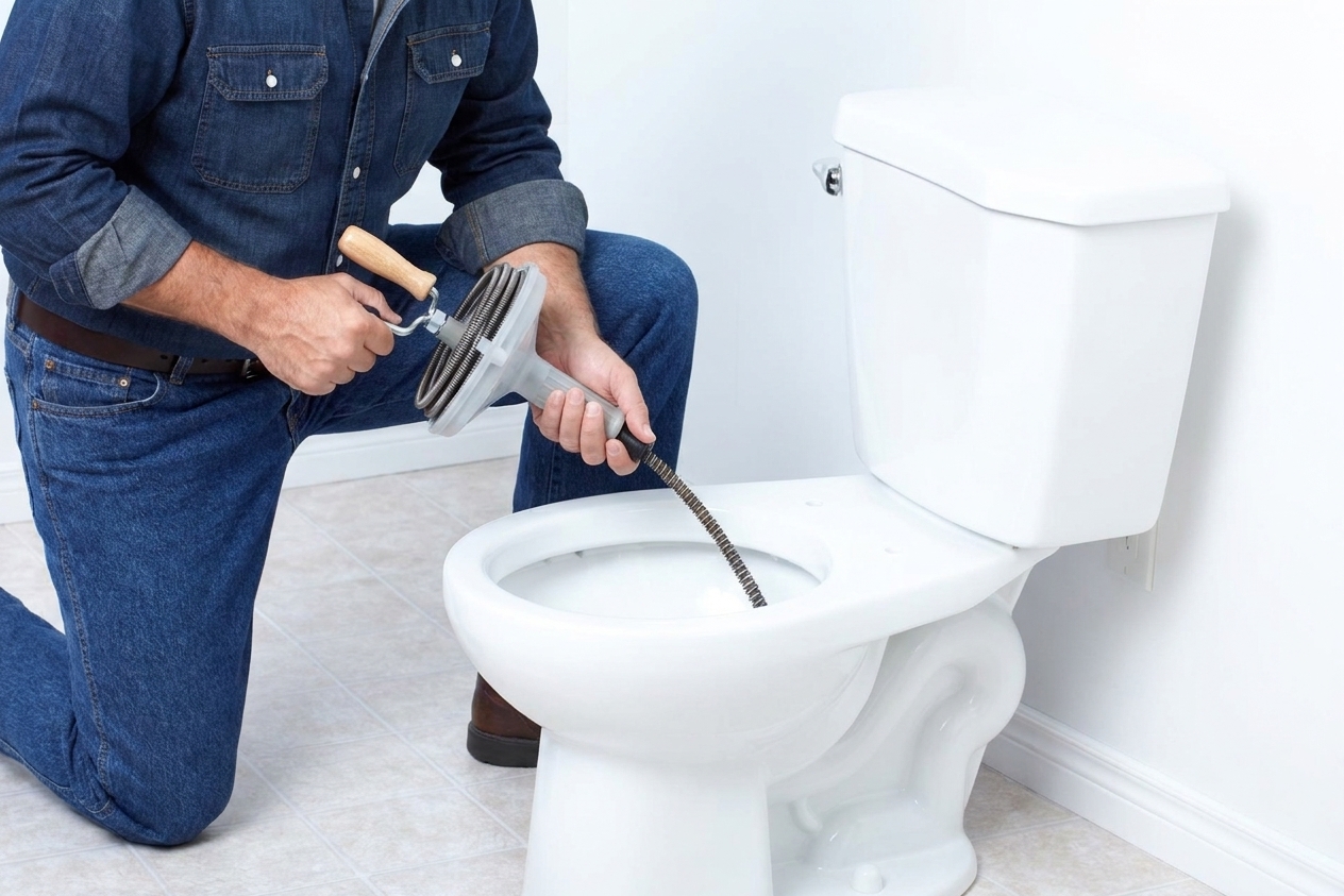 A photo of a closet auger being held next to a toilet in a bathroom