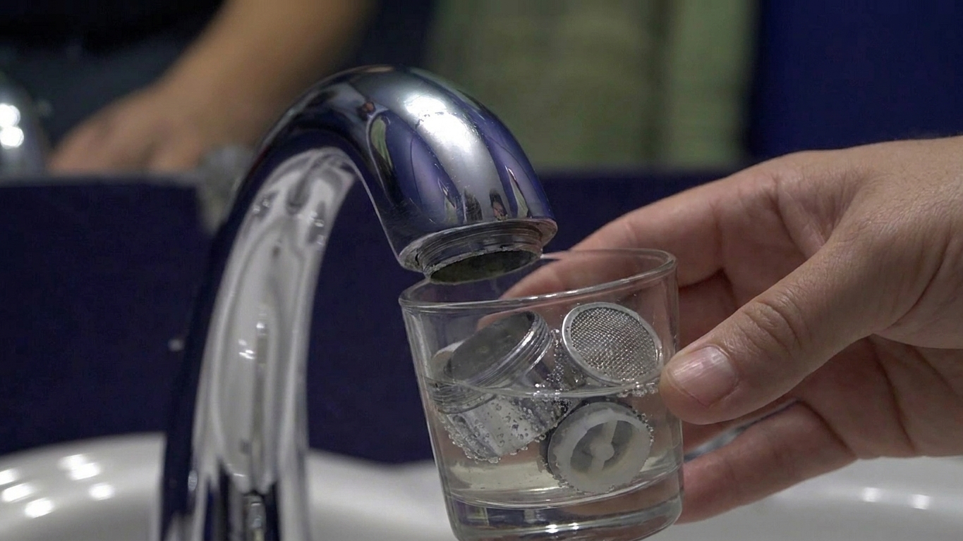 A photo of a faucet aerator and small screen parts soaking in a clear glass cup of white vinegar on a bathroom counter