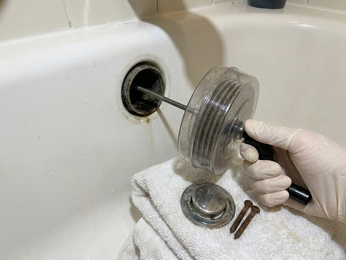 A photo of a hand feeding a drain snake cable into a bathtub overflow opening with the cover plate removed