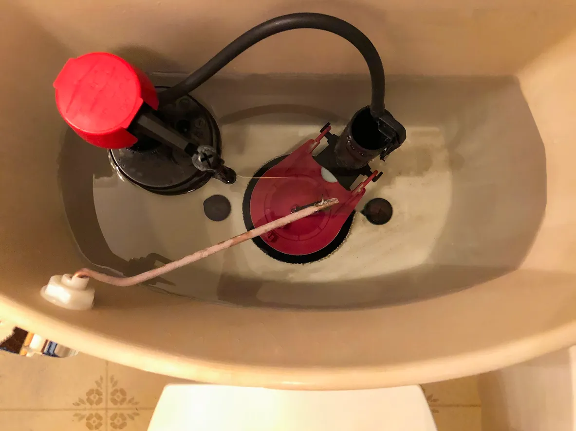 A photo of the inside of a toilet tank showing the rubber flapper at the flush valve seat, with the chain visible