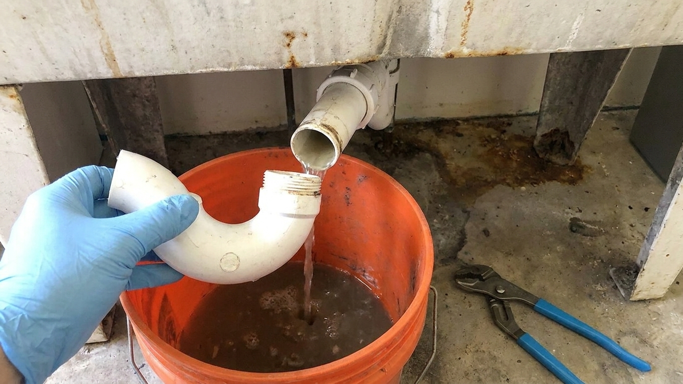 A plastic P-trap disconnected under a laundry utility sink with a bucket positioned below to catch draining water