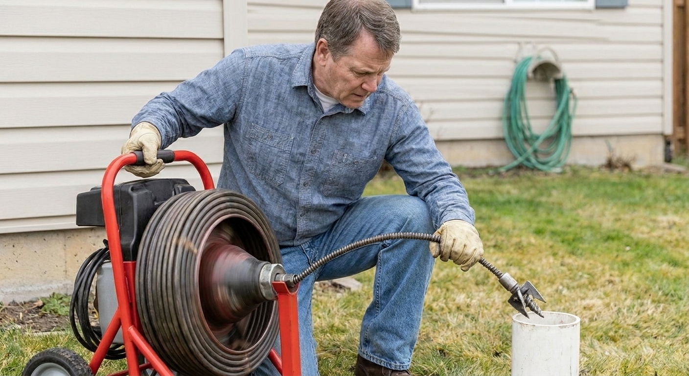 A plumber feeding a heavy-duty sewer auger machine with a root-cutting head into an outdoor cleanout near a home foundation