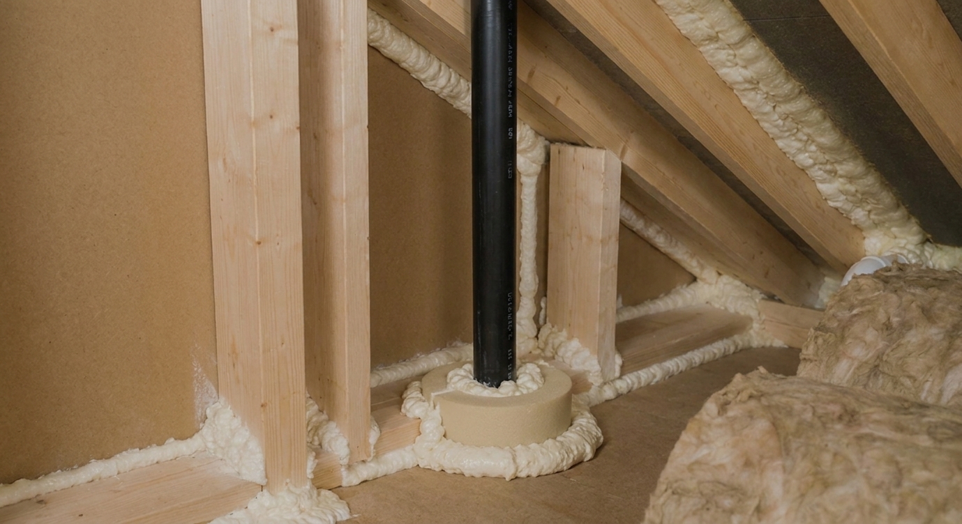 A plumbing vent pipe in an attic with a rigid foam collar sealed at the edges using expanding foam