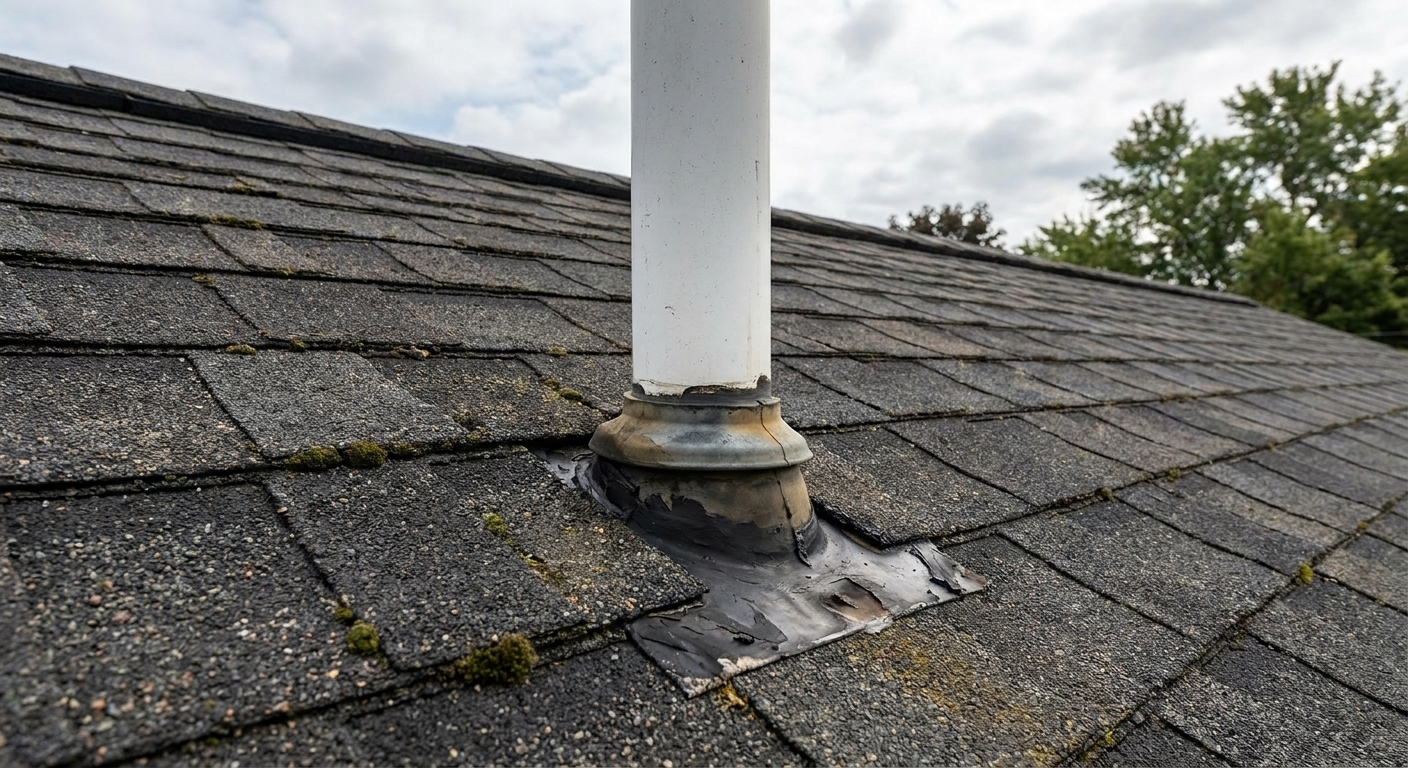 A plumbing vent pipe protruding through asphalt shingles on a house roof
